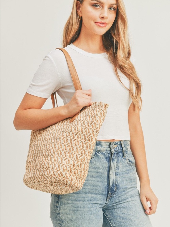 Handbags - Woven Straw Tote Bag with Tan Handles